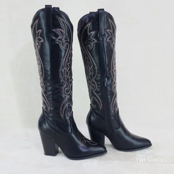 Elegant Black Embroidered Heeled Boots - Picture 2 of 7